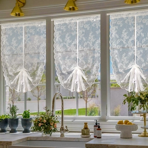 White Lace Door Curtain French Elegant Floral Embroidery Scalloped Edge Short Cafe Curtain For Kitchen Partition