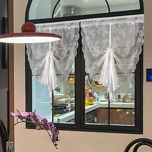 Elegant white floral lace kitchen curtain with bow tie-up design for windows