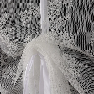 Elegant white lace short curtain with floral embroidery and satin ribbon detail
