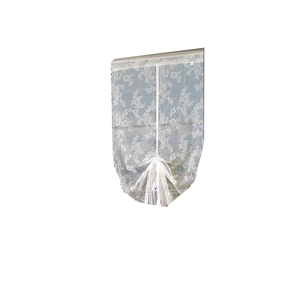 Elegant white lace roman curtain with rose floral embroidery and adjustable tie-up bow