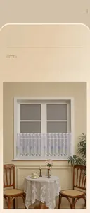 Detailed close-up of white lace kitchen curtain featuring purple lavender embroidery patterns