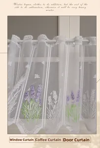 Detailed view of white lace curtain featuring purple lavender embroidery and wavy edges