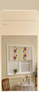 Detail of Nordic vintage cafe curtain with red ladybug pattern and lace trim