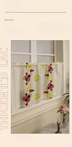 Detailed close-up of thickened lace curtain with ladybug and floral print in retro style