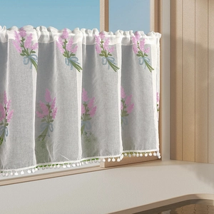 Lavender embroidery cafe curtain with pom-pom trim for kitchen and bedroom windows