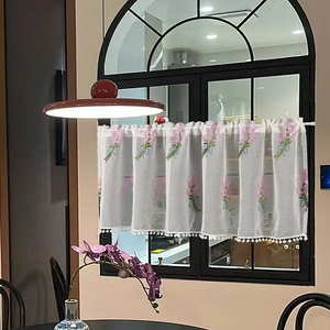 Lavender flower embroidered white sheer cafe curtain with pompom lace for home windows