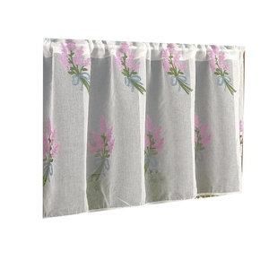 Lavender embroidery on white sheer fabric door curtain with blue bow accents