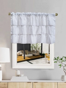 Detailed view of white tiered ruffle cafe curtains with rod pocket header design
