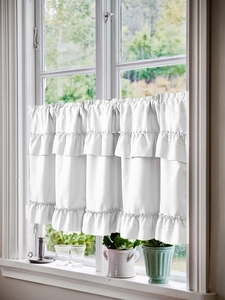 Detailed texture of white three-layer ruffled cafe curtain with rod pocket design