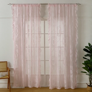 Pink French pastoral lace curtains with elegant floral embroidery and ruffled edges for windows