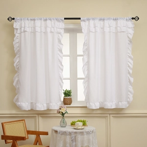 Elegant white semi-sheer ruffle curtains with rod pocket design for living room decor