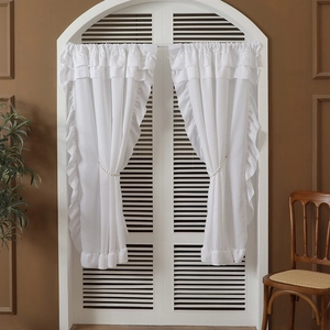 White ruffle sheer curtains for living room balcony with pearl tiebacks and romantic design