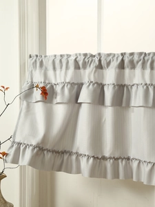 Detail of grey cafe curtain with triple ruffles and horizontal fabric texture