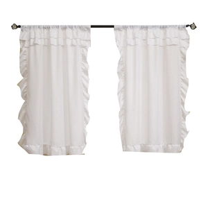 White semi-sheer privacy curtains with elegant triple-layered ruffle trim and wave edges