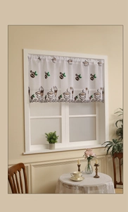 Detail of coffee theme embroidery on white sheer cafe curtain for kitchen window
