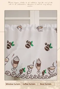 Detail of white sheer cafe curtain with coffee embroidery and scalloped lace trim