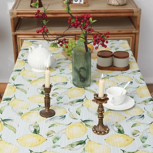 Waterproof lemon floral tablecloth with yellow fruit and green leaves for dining decor