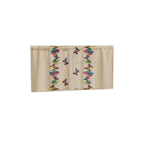 Beige semi-sheer kitchen curtain featuring colorful butterfly embroidery and geometric borders