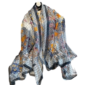 Elegant floral chiffon shawl scarf with blue flower pattern and patterned monogram prints