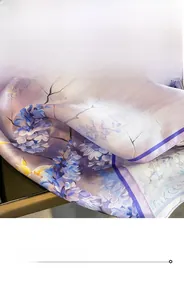 Detailed close-up of premium silk scarf featuring delicate floral patterns and fine stitching