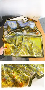 Detail of artistic oil painting silk scarf with premium green rolled edges and fine stitching