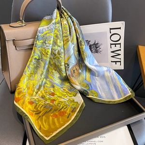 Artistic Oil Painting Mulberry Satin Scarf Women Van Gogh Style Square Neckerchief Elegant Fashion Neck Wrap