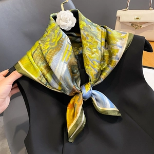 Artistic oil painting style silk square scarf with yellow and blue abstract floral patterns