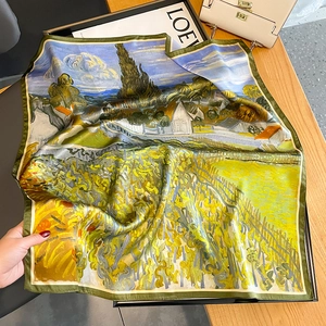 Artistic Van Gogh Wheat Field silk square scarf with hand-rolled dark green edges