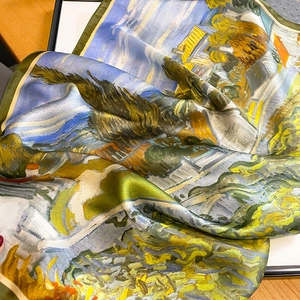 Close-up of silk square scarf showing artistic oil painting texture and satin gloss