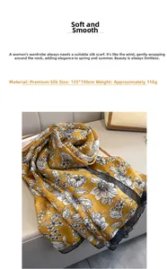 Detail of soft yellow floral scarf in 135x190cm size with elegant botanical prints