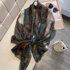 Long paisley chiffon scarf with bohemian floral patterns for summer beach and vacation wear