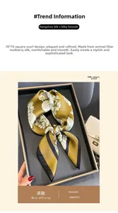 Detail of 70x70cm yellow mulberry silk scarf featuring floral print in a black gift box