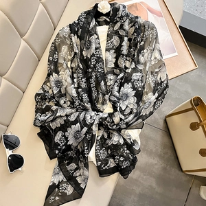 Elegant black and white floral print lightweight chiffon shawl for summer beach protection