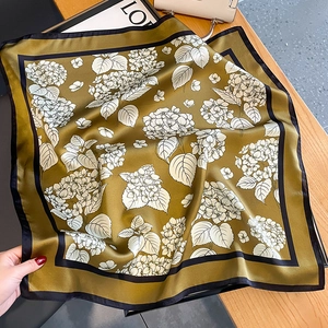 Olive green silk scarf with white hydrangea floral print and black border for women