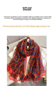 Detail of floral chiffon shawl with soft texture, 135x190cm large size scarf for sun protection