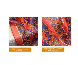Detail of floral silk scarf featuring precise edge stitching and eco-friendly digital printing