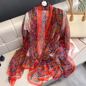 Women's Floral Print Long Chiffon Scarf Shawl Elegant Soft Sun Protection Beach Wrap For Summer Spring Ladies Fashion