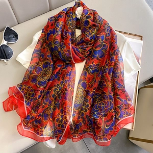 Elegant floral silk scarf with red and blue patterns, lightweight sunscreen shawl for women