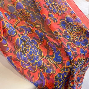 Floral print lightweight chiffon silk scarf shawl for sun protection in red floral