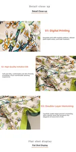 Détails de l'imprimé floral numérique et de la double couture sur foulard en soie synthétique