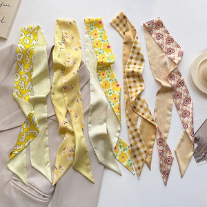 Narrow Long Scarf For Women Faux Satin Printed Twilly Scarf For Bag Handle Hair Band Necktie Elegant French Style
