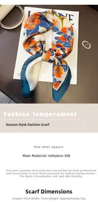 Detailed view of floral silk scarf 70x70cm sized in orange and blue patterns