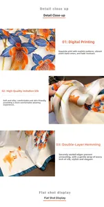 Close-up of silk scarf featuring floral prints and double-stitched rolled edges