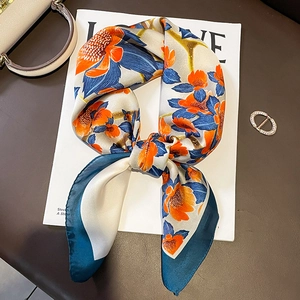 Women Square Satin Scarf Floral Print Faux Satin Neck Head Hair Band Decor Elegant French Retro Accessory Versatile