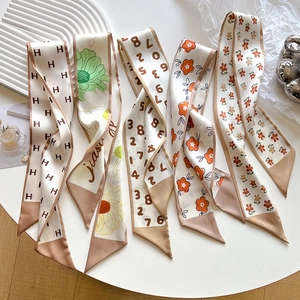 Floral Numeric Print Skinny Scarf Layered Satin Ribbon For Hair Neck Handbags Decorative Band Elegant French Style