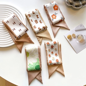 Set of 5 stylish satin skinny scarves with various floral and geometric prints