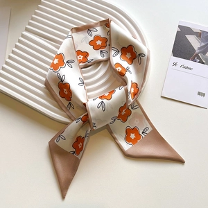 French style floral twilly silk scarf in khaki and orange for handbags or hair styling