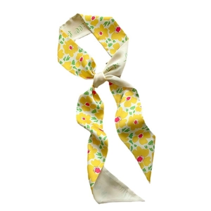 Floral skinny silk scarf twilly with yellow flowers and green leaves on beige base