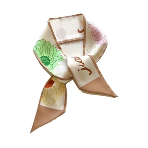 Floral silk-like skinny scarf in beige with colorful patterns for neck or bag handle