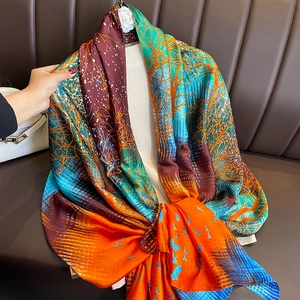 Vibrant elk forest print silk shawl scarf with high saturation orange and teal colors